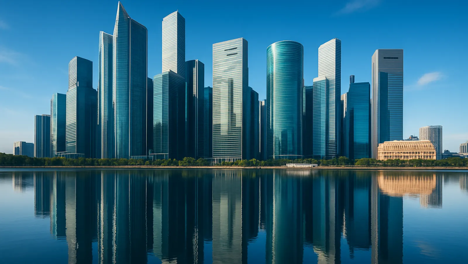 Downtown architecture firms designed glass towers along an urban waterfront at dusk